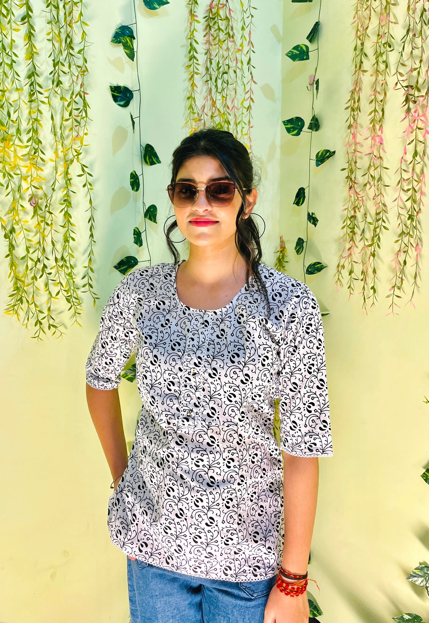 Aira Fashion White & Black Printed Short Kurta – Effortless Everyday Style