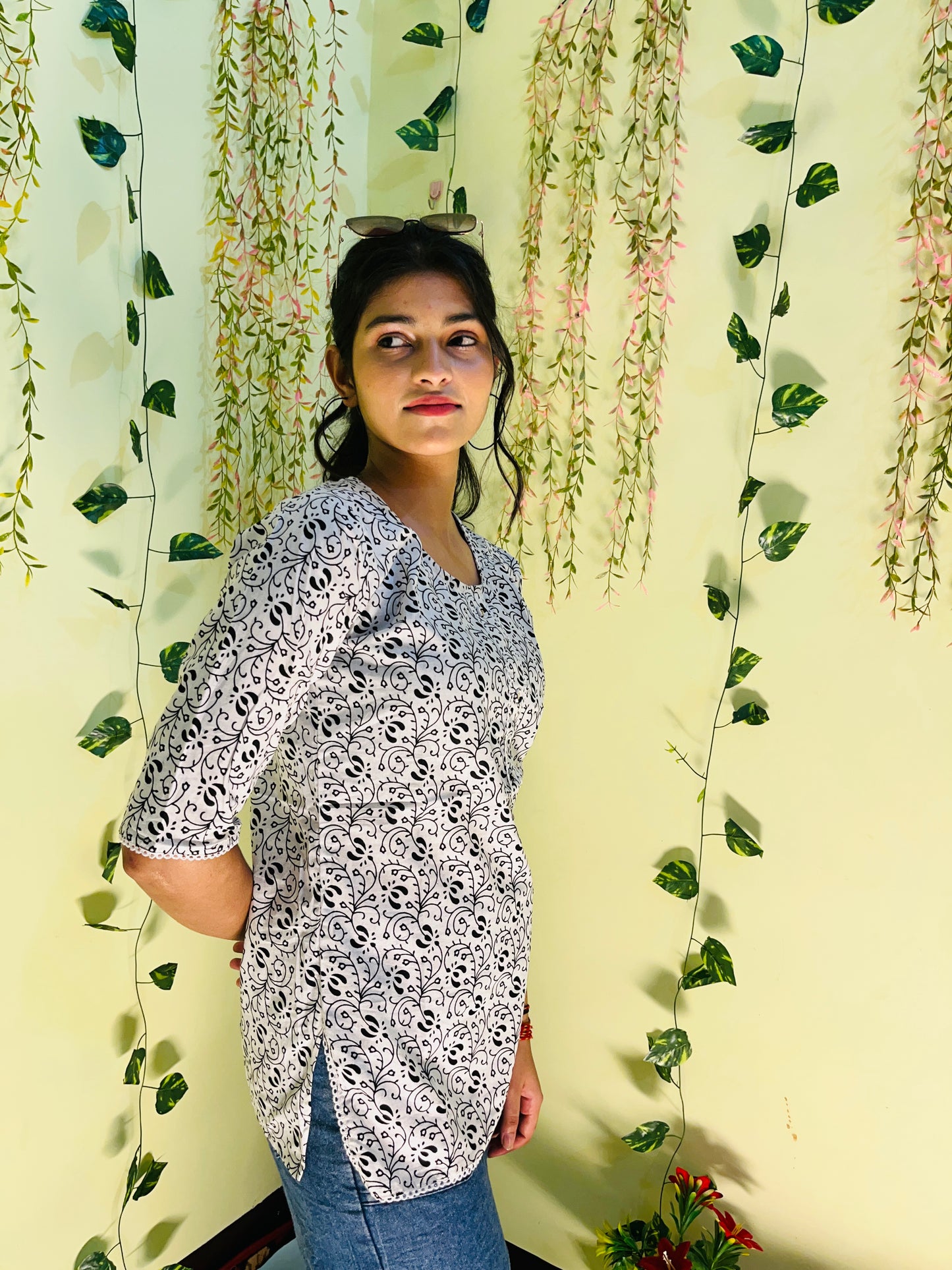 Aira Fashion White & Black Printed Short Kurta – Effortless Everyday Style