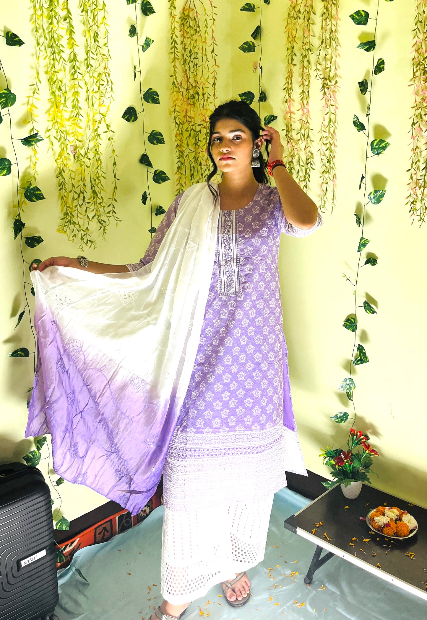 Aira Fashion Lavender & White Cotton Printed Kurta Set with Ombre Dupatta
