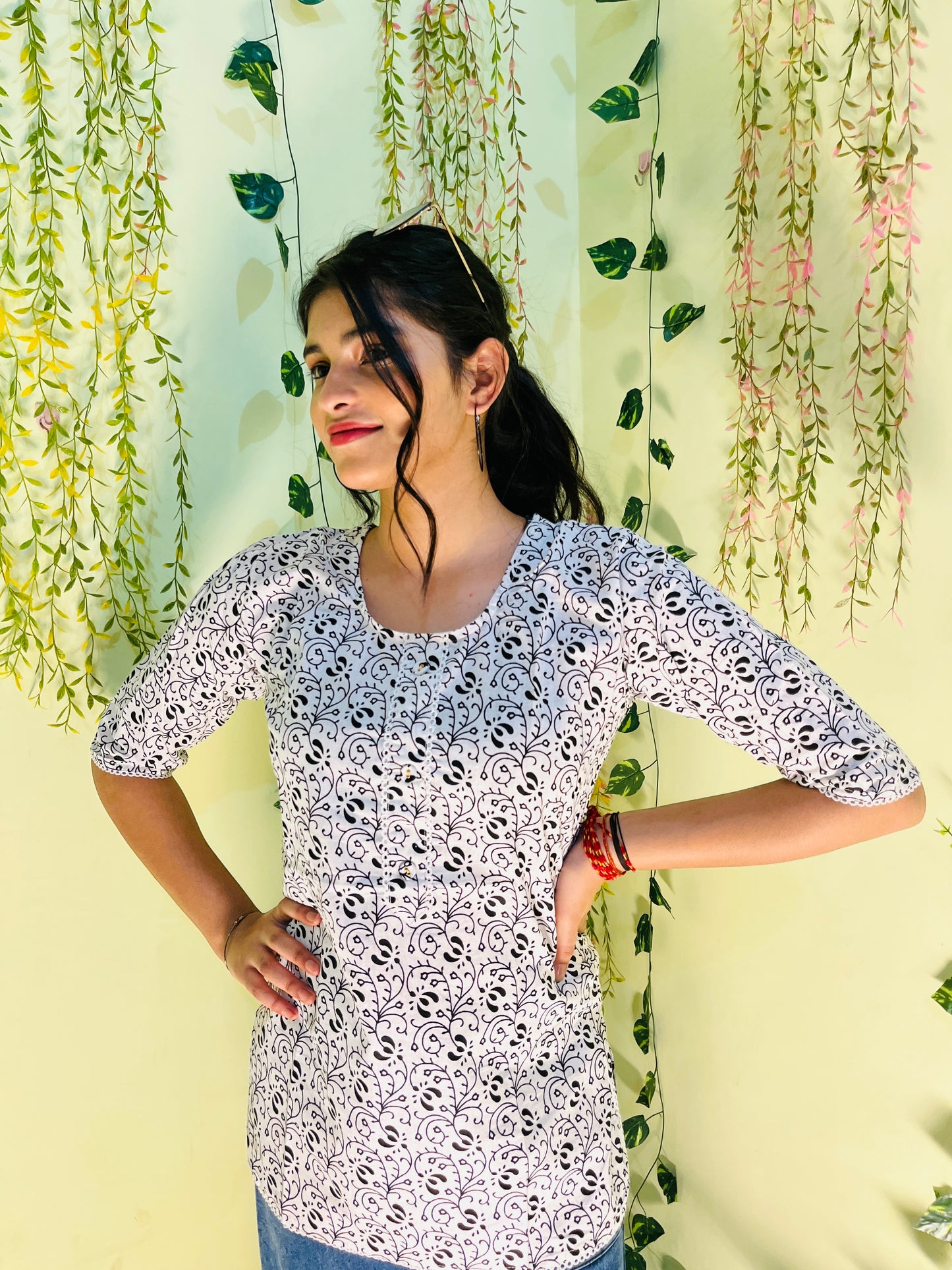 Aira Fashion White & Black Printed Short Kurta – Effortless Everyday Style