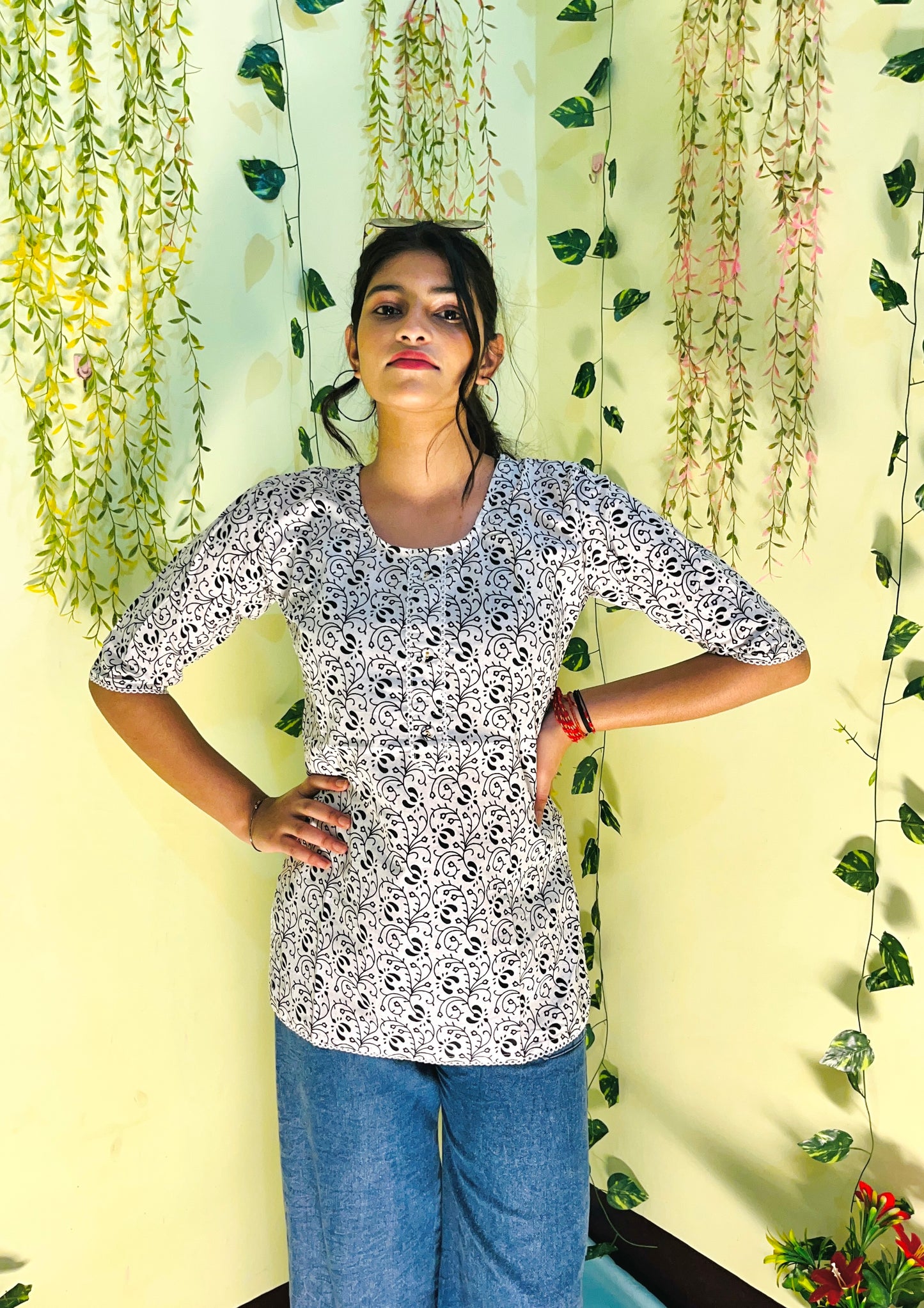 Aira Fashion White & Black Printed Short Kurta – Effortless Everyday Style