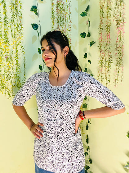 Aira Fashion White & Black Printed Short Kurta – Effortless Everyday Style