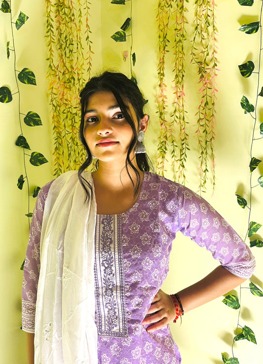 Aira Fashion Lavender & White Cotton Printed Kurta Set with Ombre Dupatta