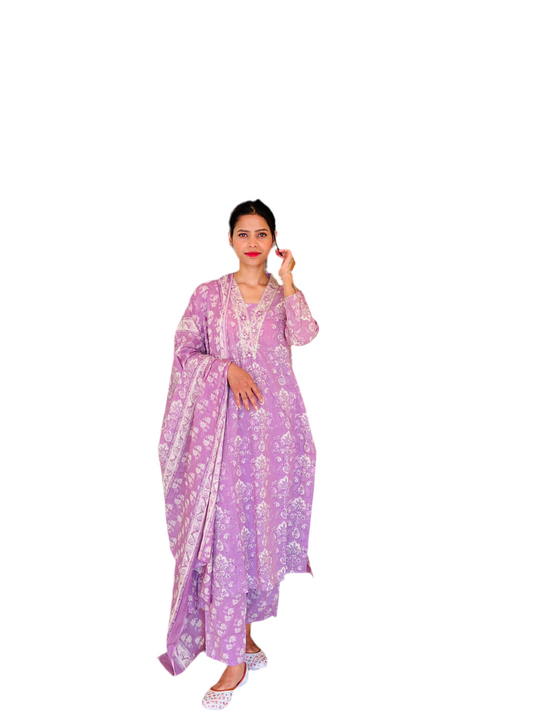 Aira Fashion Women's Lavender Printed Linen Kurta Set with Dupatta