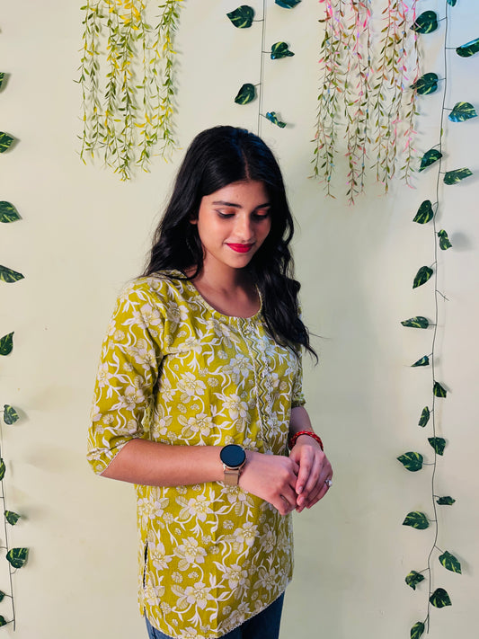 Olive Green Floral Embroidered Short Kurta – Aira Fashion